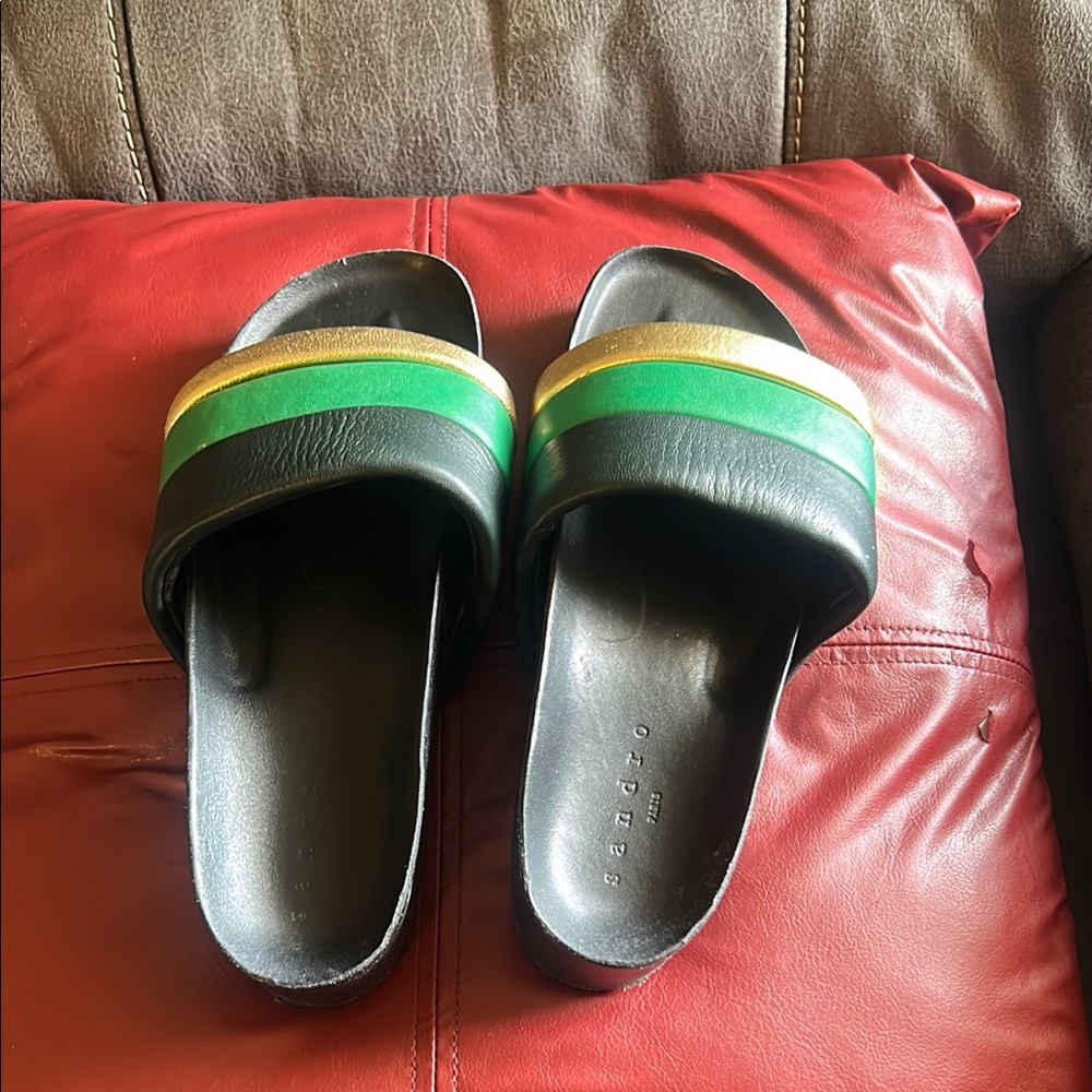 Sandro Black Slide Sandals With Green And Gold Stripes